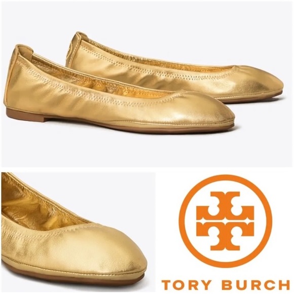 TORY BURCH EDDIE METALLIC BALLET FLAT IN GOLD **NWOT** - Picture 2 of 9